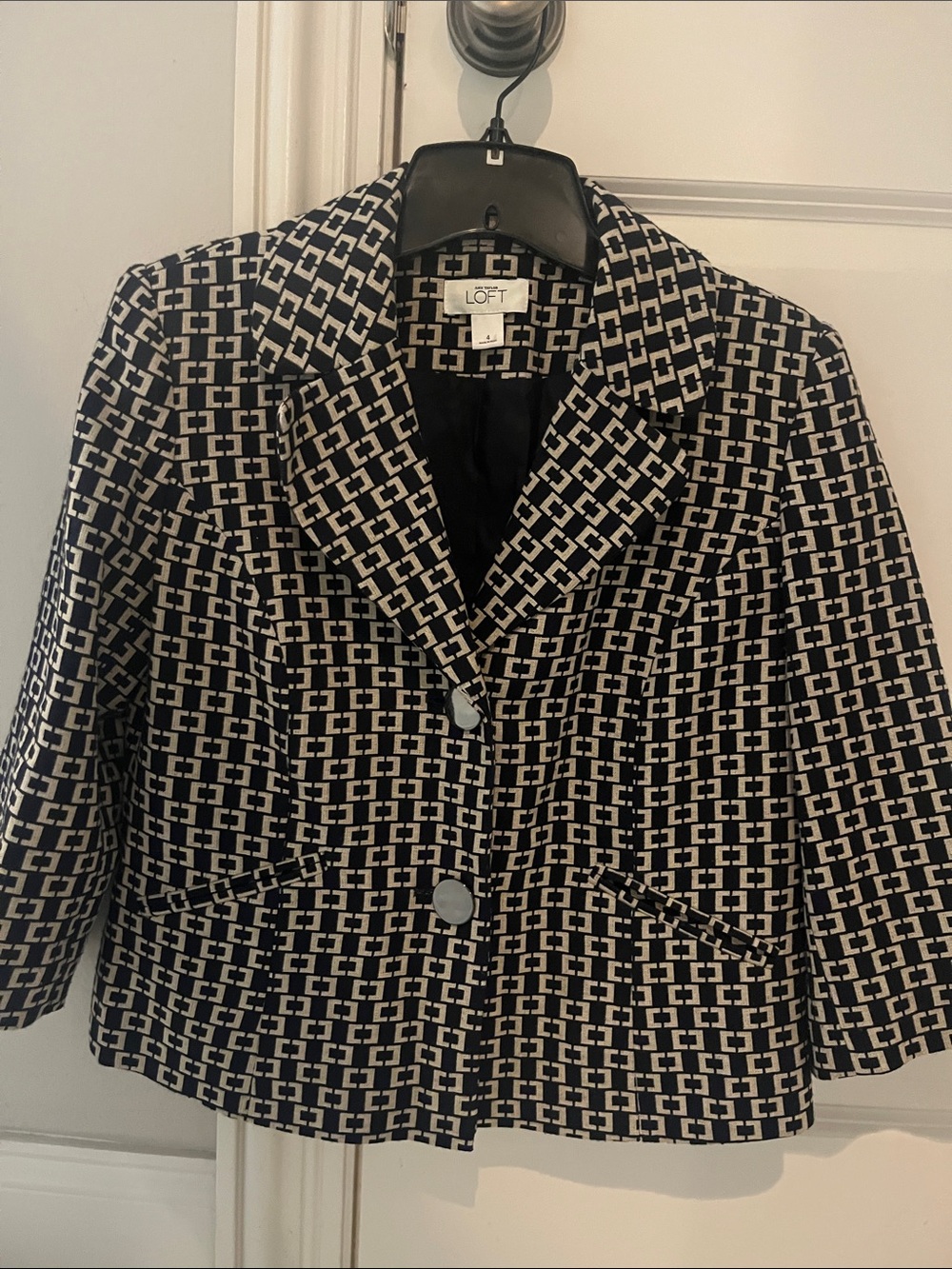 LOFT Navy and Tan Geometric Cropped Blazer